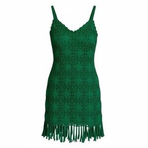 INC International Concepts Kelly Green Crochet Mini Dress Beachy Tassel Hem Boho